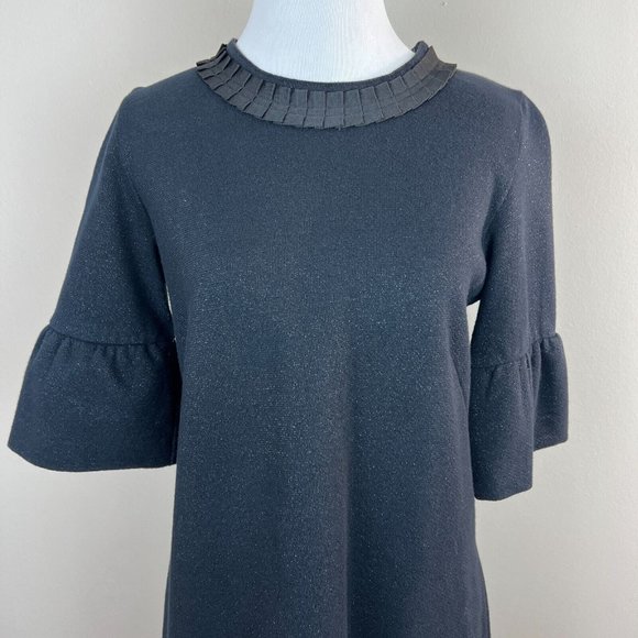 French Connection Mini Dress 6 Navy Black Metallic Shift Bell Elbow Sleeve - Picture 2 of 9